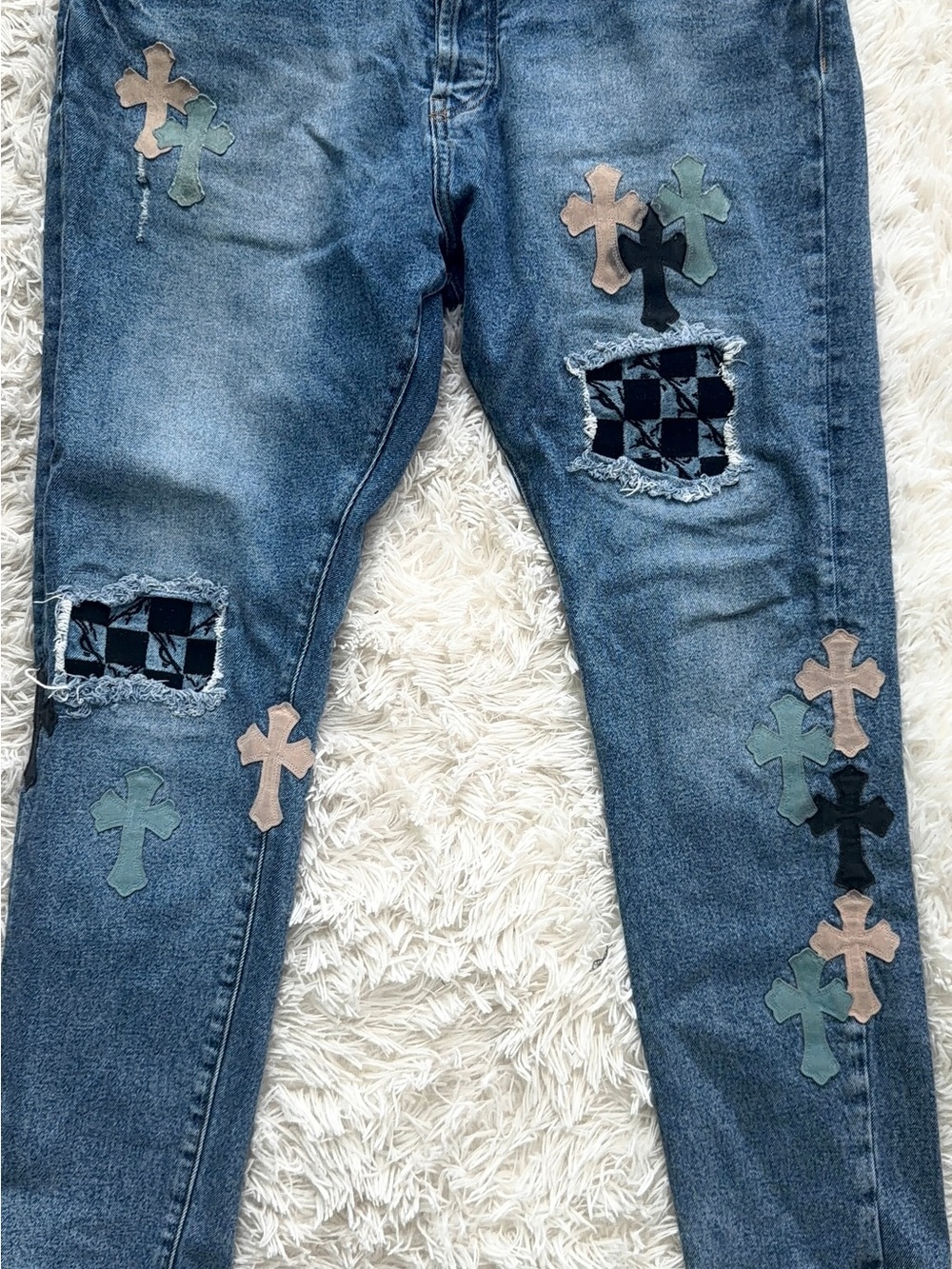 Chrome Hearts Blue Jeans with Cross Appliqués